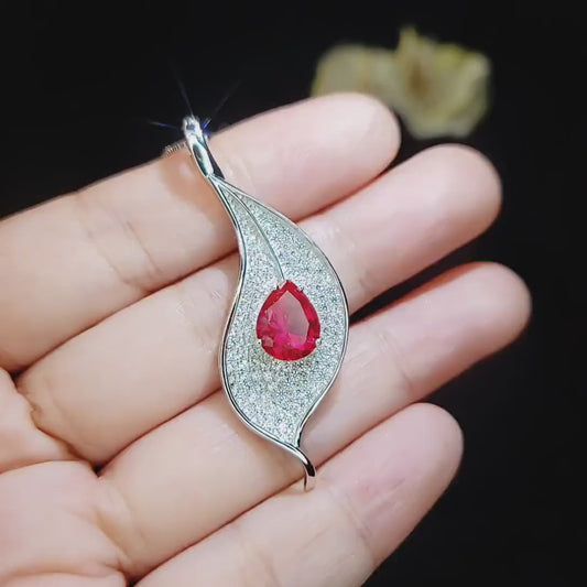 Ruby Necklace - Large Single Gemstone Leaf Necklace - 18KGP @ Sterling Silver - 3 CT Teardrop Red Ruby Jewelry - Large Ruby Pendant #894