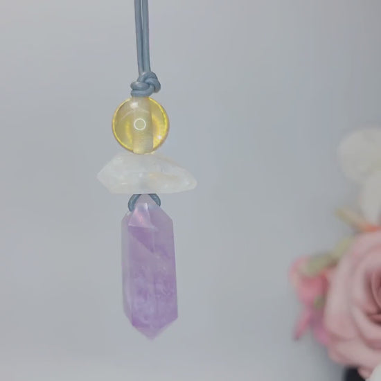 Amethyst Crystal Point Pendant Necklace, Chunky Geometric Raw Citrine Clear Quartz Healing Jewelry, Adjustable Leather Cord