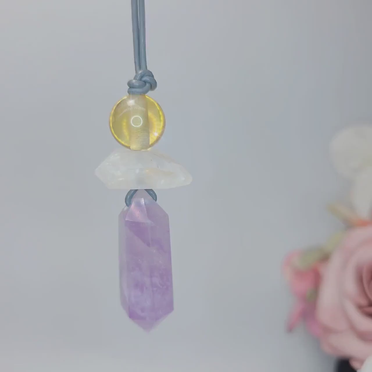 Amethyst Crystal Point Pendant Necklace, Chunky Geometric Raw Citrine Clear Quartz Healing Jewelry, Adjustable Leather Cord