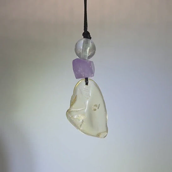 Large Chunky Citrine Necklace Amethyst Clear Quartz Pendant Leather cord , Large Size Citrine Jewelry Long Chain Adjustable UP to 30" #2336