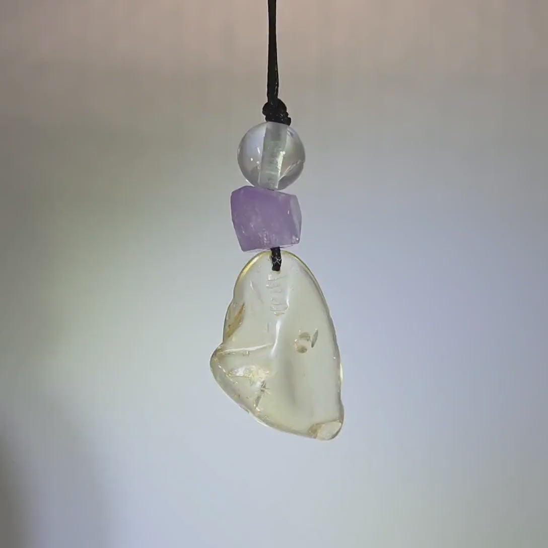 Large Chunky Citrine Necklace Amethyst Clear Quartz Pendant Leather cord , Large Size Citrine Jewelry Long Chain Adjustable UP to 30" #2336