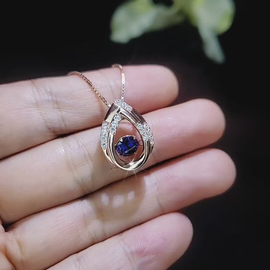 Swing Blue Sapphire Necklace - Rose Gold coated Dynamic 0.85 Ct Blue Sapphire Pendant - dynamic Sterling Silver -  September Birthstone #176