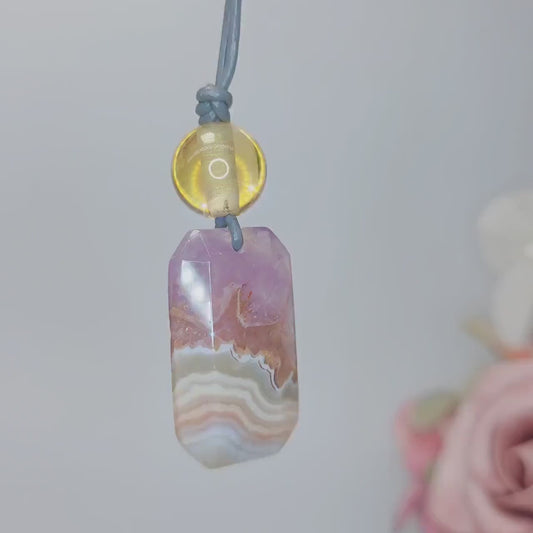 Chevron Amethyst Crystal Pendant Necklace, Chunky Geometric Citrine Healing Stone Jewelry, Adjustable Leather Cord