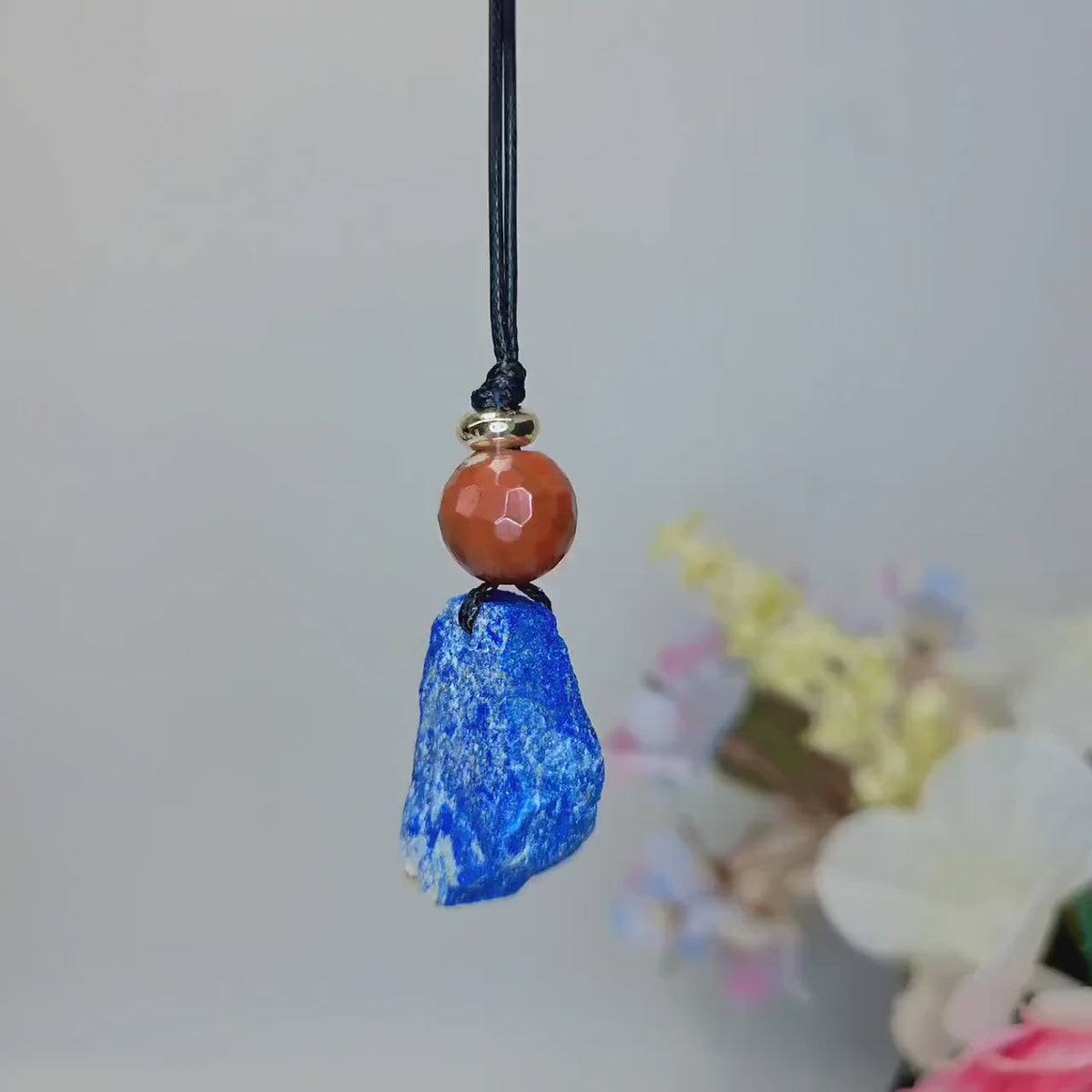 Raw Chunky Lapis Lazuli Necklace Geometric Red Jasper Boho Pendant 30-inch adjustable Vegan Leather Cord
