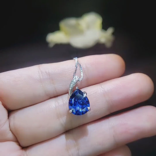 Teardrop Blue Sapphire Necklace - Solitaire Pear Cut 3.5CT - 18KGP @ Sterling Silver - Simple Large Blue Sapphire Pendant #687