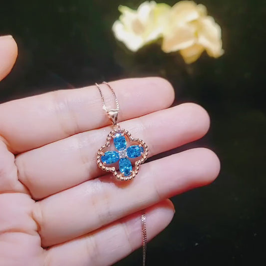 Four-leaf Clover Topaz Necklace - Rose Gold Coated 925 Sterling Silver Flower December Birthstone  London Blue Topaz Pendant #142