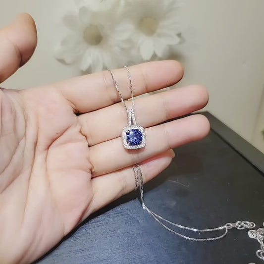 Tanzanite Necklace -Sterling Silver Dainty Square Solitaire 8mm Round Lab Created Tanzanite Jewelry #327