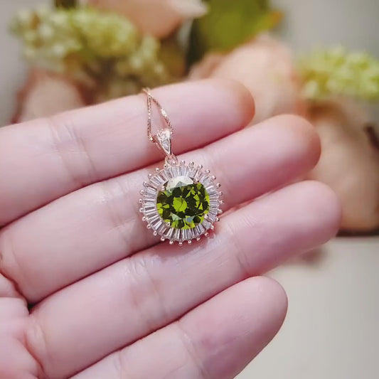 Rose Gold  Peridot Necklace  Sterling Silver Round Sunshine Large 4 CT Lab Green Peridot Pendant August Birthstone  Green Jewelry #489