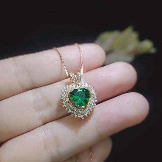 Double Halo Emerald Necklace - Rose gold coated Sterling Silver - 8 MM 2.1 Ct Solitaire Green Heart Emerald Pendant Jewelry #493