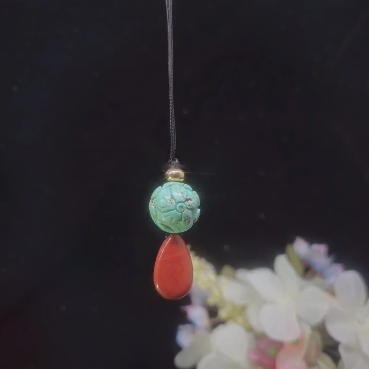 Carved Turquoise Flower & Red Jasper Totem Necklace - 20mm Carved Stone -  30" Adjustable Cord - Earthy Boho Chunky #2075