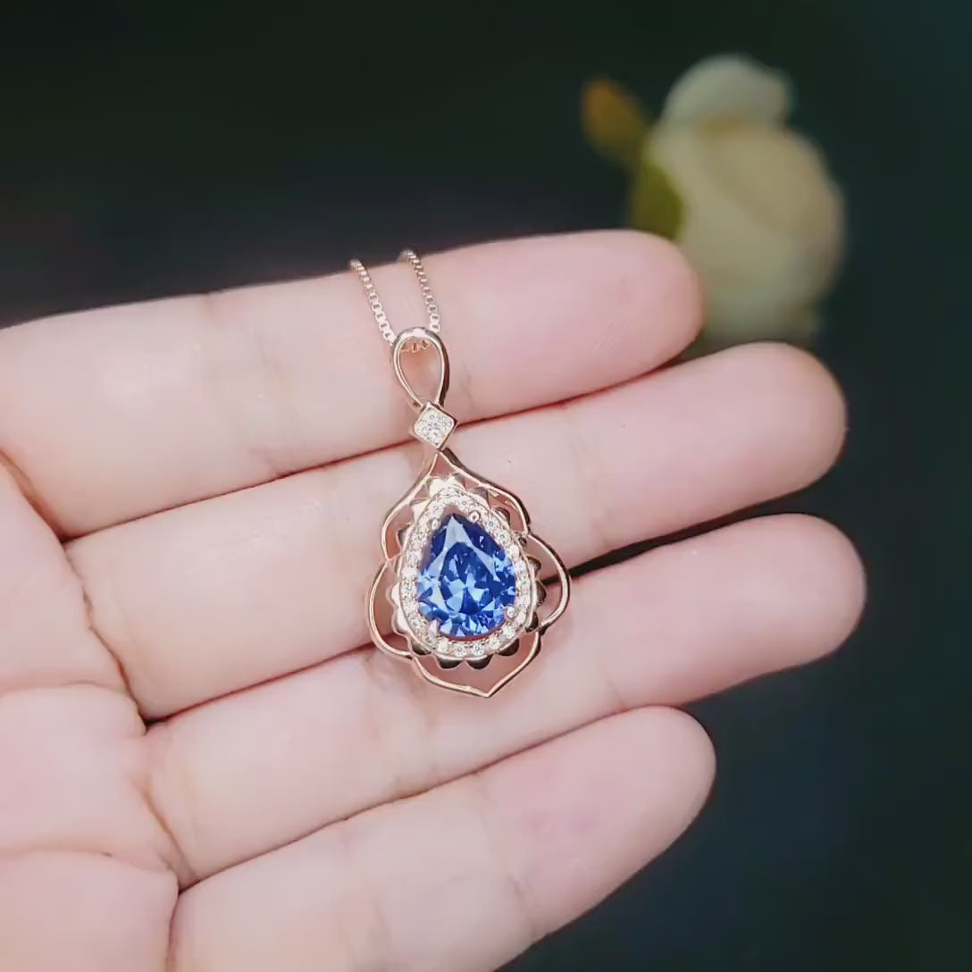 Rose Gold Blue Sapphire Necklace 2.75 CT Teardrop Royal Blue Gemstone Pendant Sterling Silver Pear Gemstone Halo Gold Petal Jewelry #743