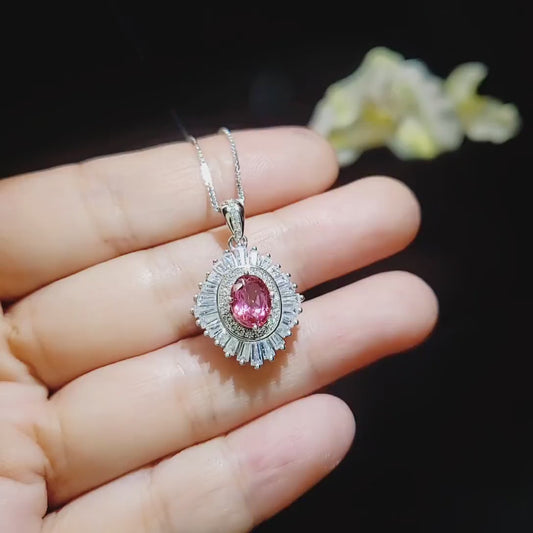 Pink Tourmaline Necklace - Gemstone Halo Tourmaline Pendant  - White Gold coated Sterling Silver - 1.5Ct Oval Cut  Pink #1012