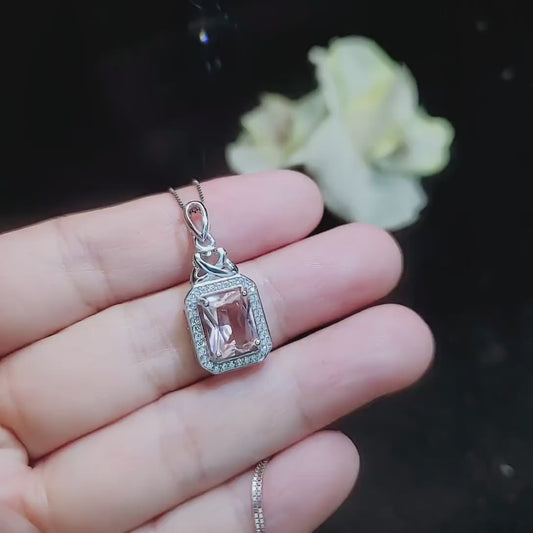 Morganite Necklace - Rectangle Scissor Pink Morganite Pendant - 18KGP @ Sterling Silver - Morganite Jewelry #961