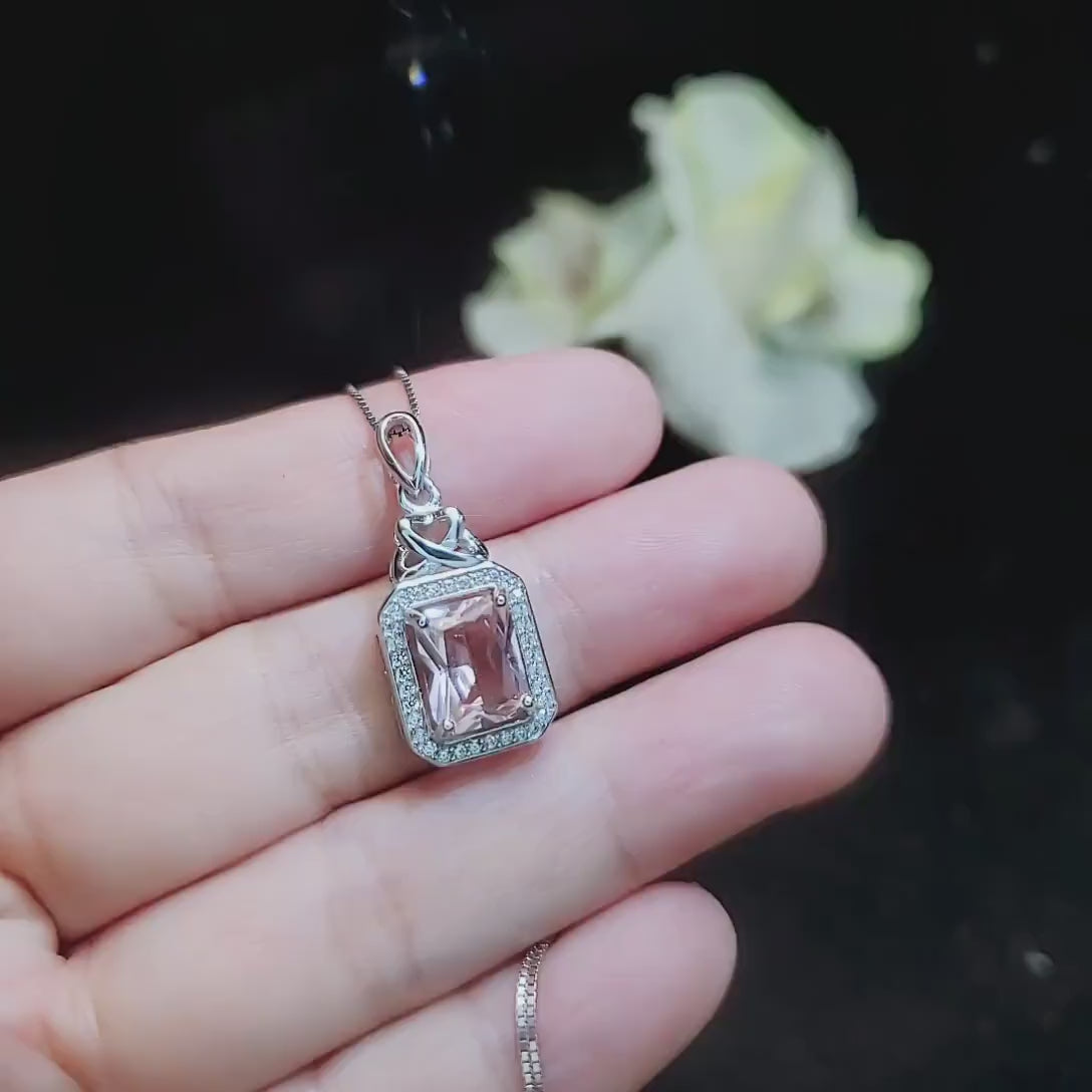 Morganite Necklace - Rectangle Scissor Pink Morganite Pendant - 18KGP @ Sterling Silver - Morganite Jewelry #961