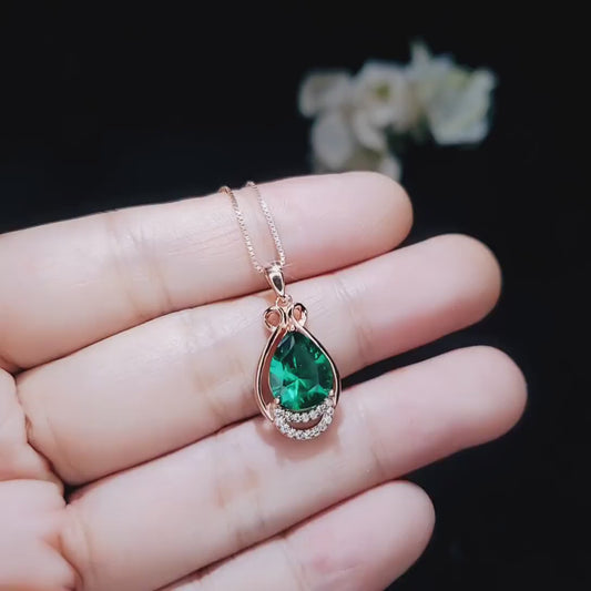 Teardrop Emerald Necklace - Rose Gold coated 925 Sterling Silver Pear Emerald Pendant - Delicate May Birthstone Green Emerald Gemstone #360