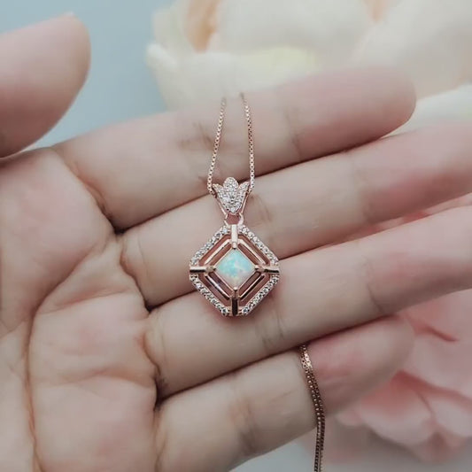 Dainy Square Opal Necklace Diamond Royal Flower Rose Gold Sterling Silver Tiny Fire White Opal   Pendant 1022