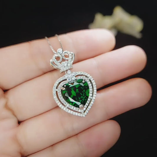 Emerald Necklace - Green Heart 7 CT Double Halo Crown - May Birthstone - Emerald pendant #890