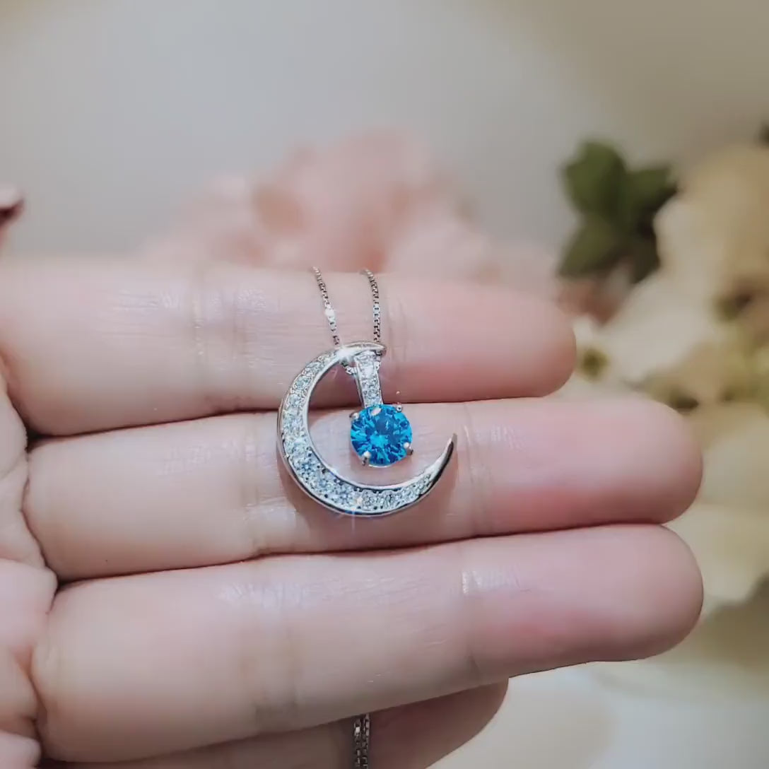Blue Topaz Necklace Crescent Moon Pendant Sterling Silver Two Separated Pendant #229