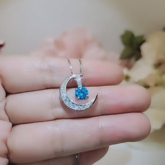 Blue Topaz Necklace Crescent Moon Pendant Sterling Silver Two Separated Pendant #229