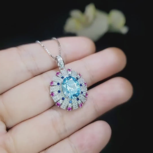 Luxury Radiant Blue Aquamarine Necklace Sky Blue Style White Gold coated Sterling Silver Aquamarine Pendant - Exclusive Design 2.8 CT #899