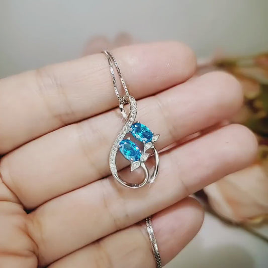 Swiss Blue Topaz Necklace - Sterling Silver Leaf Necklace  - Blue Topaz Pendant #329