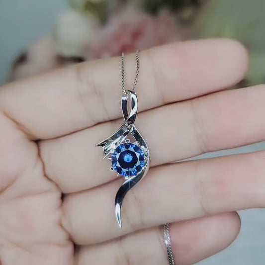 Bow Tanzanite Necklace  - 18KGP Sterling Silver -  2 CT Round Blue Tanzanite Pendant - Swirl Knot Style - December Birthstone #557