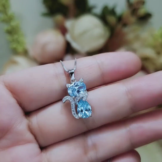 Aquamarine Necklace Sterling Silver Cat 1.5 Ct Kitty Sim Gemstone Blue Pendant White Gold Plated March Birthstone Pet Lover Jewelry #218