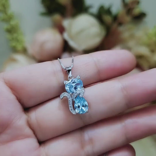 Aquamarine Necklace Sterling Silver Cat 1.5 Ct Kitty Sim Gemstone Blue Pendant White Gold Plated March Birthstone Pet Lover Jewelry #218