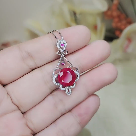 Large Ruby Necklace - Sterling Silver Round Ruby Flower Necklace - July Birthstone Bridal Ruby Jewelry 1034