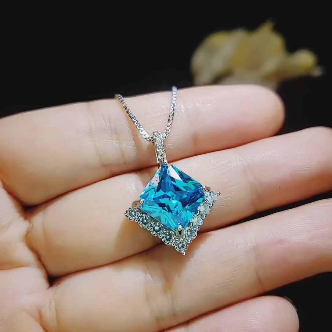 Gemstone Style Blue Topaz Necklace -  6 CT  Square Princess  Cut Blue Topaz Pendant - 18KGP @ Sterling Silver - November Birthstone #762