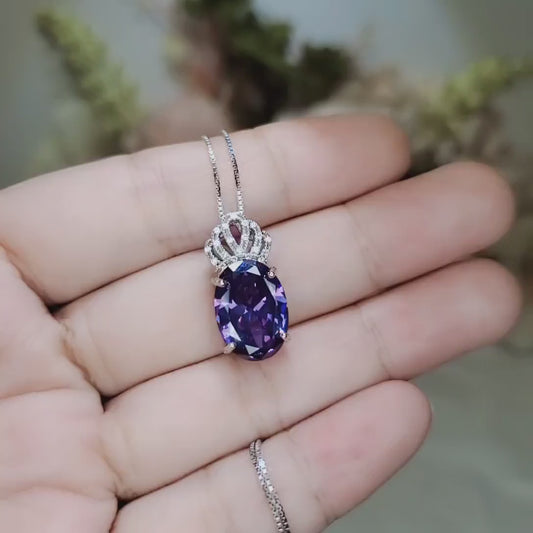 Created synthetic Amethyst Necklace -  Diamond Crown 6 CT Amethyst Pendant - Sterling Silver White Gold Plated Large  Purple Jewelry #657