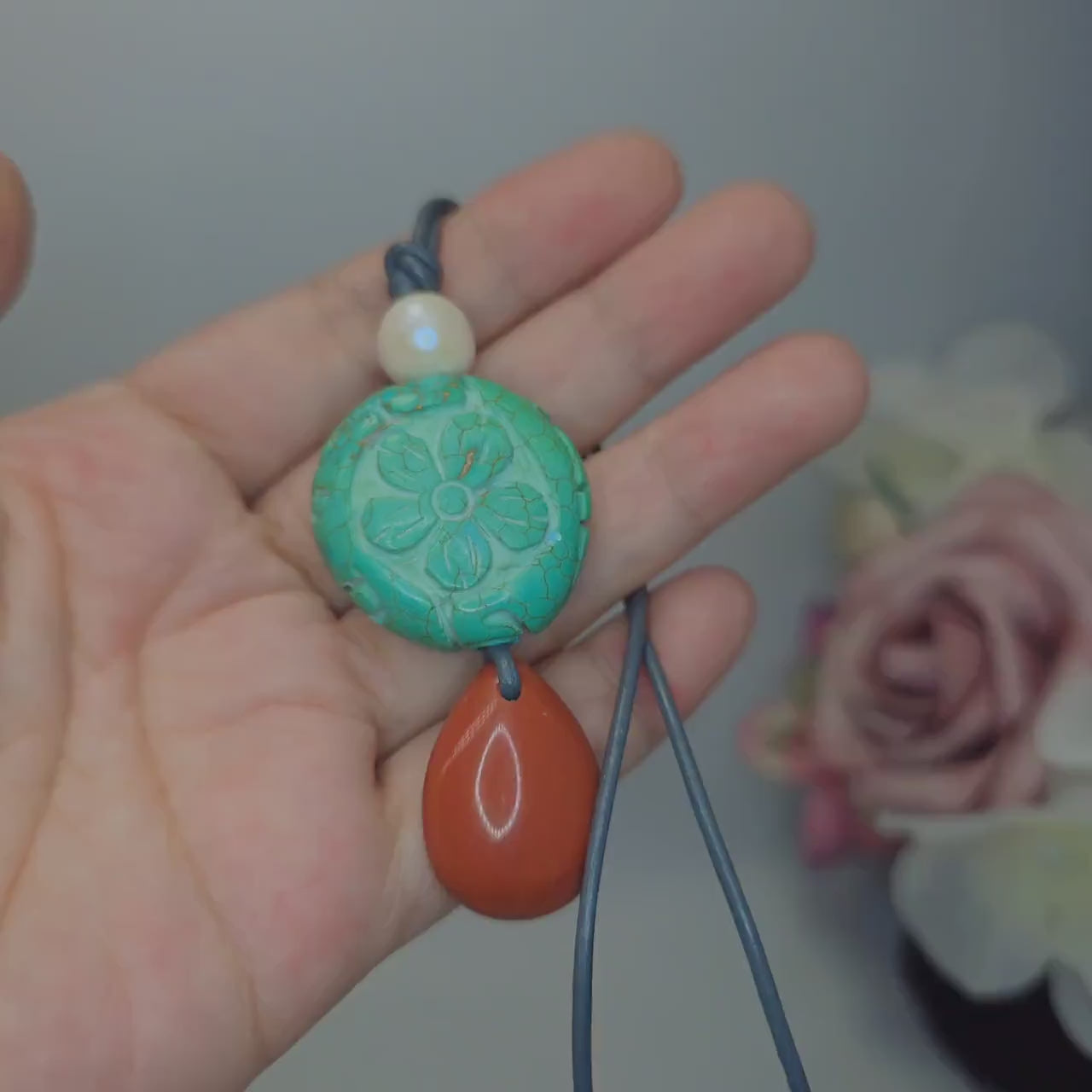 Flower of Life Geometric Carved Turquoise & Red Jasper Chunky Pendant Necklace, Boho Statement Jewelry with Adjustable Leather Cord 30"