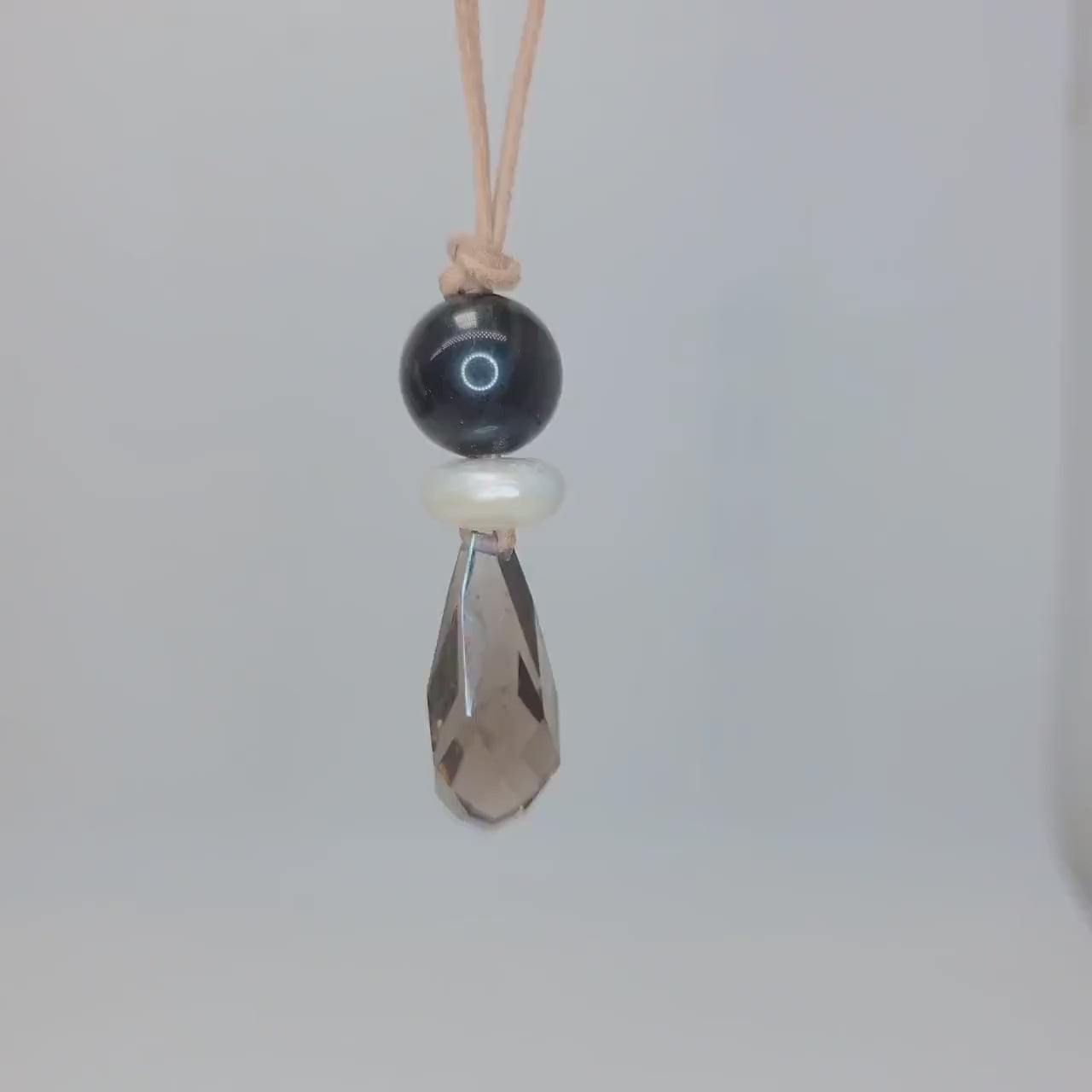 Chunky Natural Smoky Quartz Pendant, Genuine Pearl Black Obsidian Necklace, Spiritual Healing Jewelry, Adjustable leather up to 30 inches.