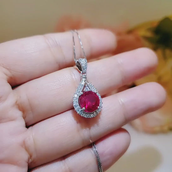 2.1 Ct Ruby Necklace - White Gold plated Sterling Silver Teardrop Created Red Gemstone Pendant Gemstone Halo Solitaire July Birthstone #153