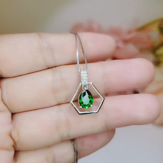 Geometric Green Emerald Necklace - Sterling Silver Triangle Gemstone Teardrop Emerald Pendant Tiny Minimalist Dynamic stone  Jewelry #108