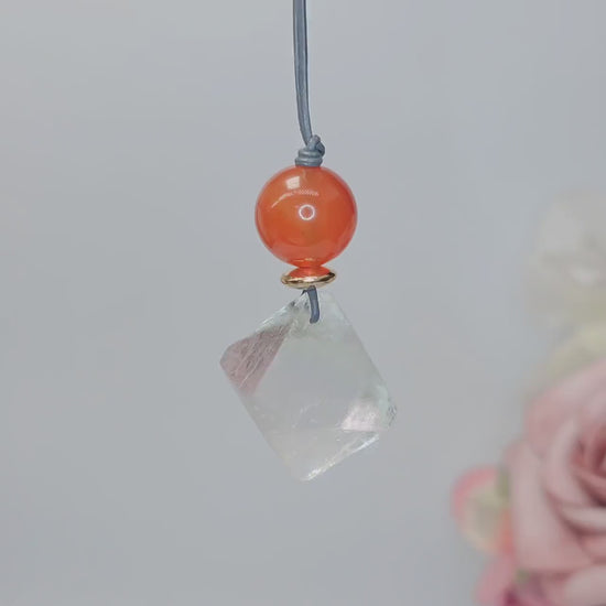 Fluorite Necklace Red Carnelian Pendant Geometric Chunky Crystal Jewelry for Women, Adjustable Leather Cord Birthstone Gift for Her