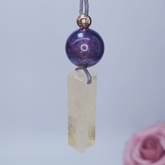 Chunky Citrine Point Necklace, Geometric Amethyst Pendant with 18k Gold Copper Bead, Spiritual Zen Jewelry, Adjustable Leather Cord #2574