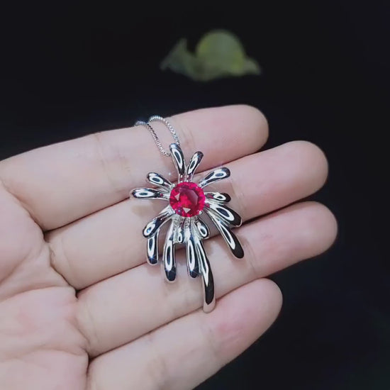 Sterling Silver Firework Ruby Necklace - Firework Necklace - White Gold Plated - July Birthstone - Ruby Jewelry #789