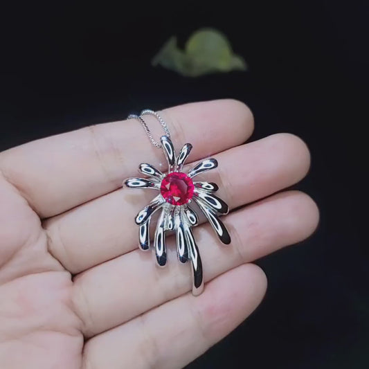 Sterling Silver Firework Ruby Necklace - Firework Necklace - White Gold Plated - July Birthstone - Ruby Jewelry #789