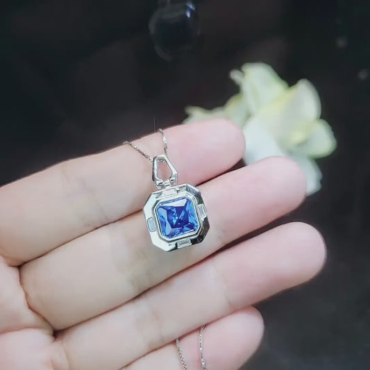Square Blue Sapphire Necklace - Blue Sapphire Pendant - 18KGP @ Sterling Silver - September Birthstone #929