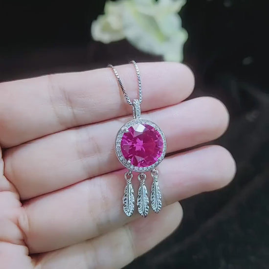 Pink Sapphire Necklace 18KGP @ Sterling Silver Dream Catcher Necklace - 6 CT Round - Large Pink Sapphire Pendant - Dreamcatcher Pendant #771