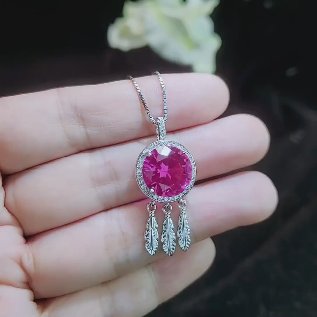 Pink Sapphire Necklace 18KGP @ Sterling Silver Dream Catcher Necklace - 6 CT Round - Large Pink Sapphire Pendant - Dreamcatcher Pendant #771