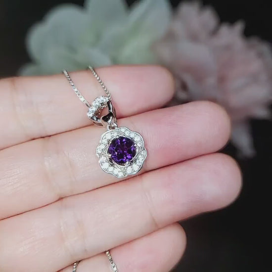 Natural Amethyst Necklace Pendant, February Birthstone 18K Gold Plated Sterling Silver  Floral Design, rose flower jewelry #417