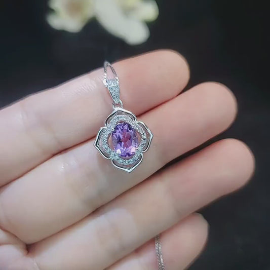 Amethyst Necklace, Flower of Life Style - 18kgp @ Sterling Silver - Genuine Natural Amethyst Jewelry , Crystal Yoga Pendant #322
