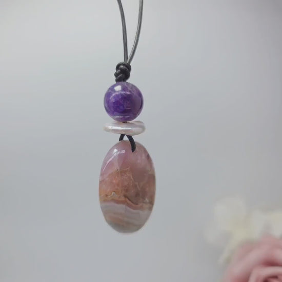 Chevron Amethyst Necklace Crystal Healing Jewelry for Her Unique Chunky Stone Pendant Gift with Adjustable Leather Cord