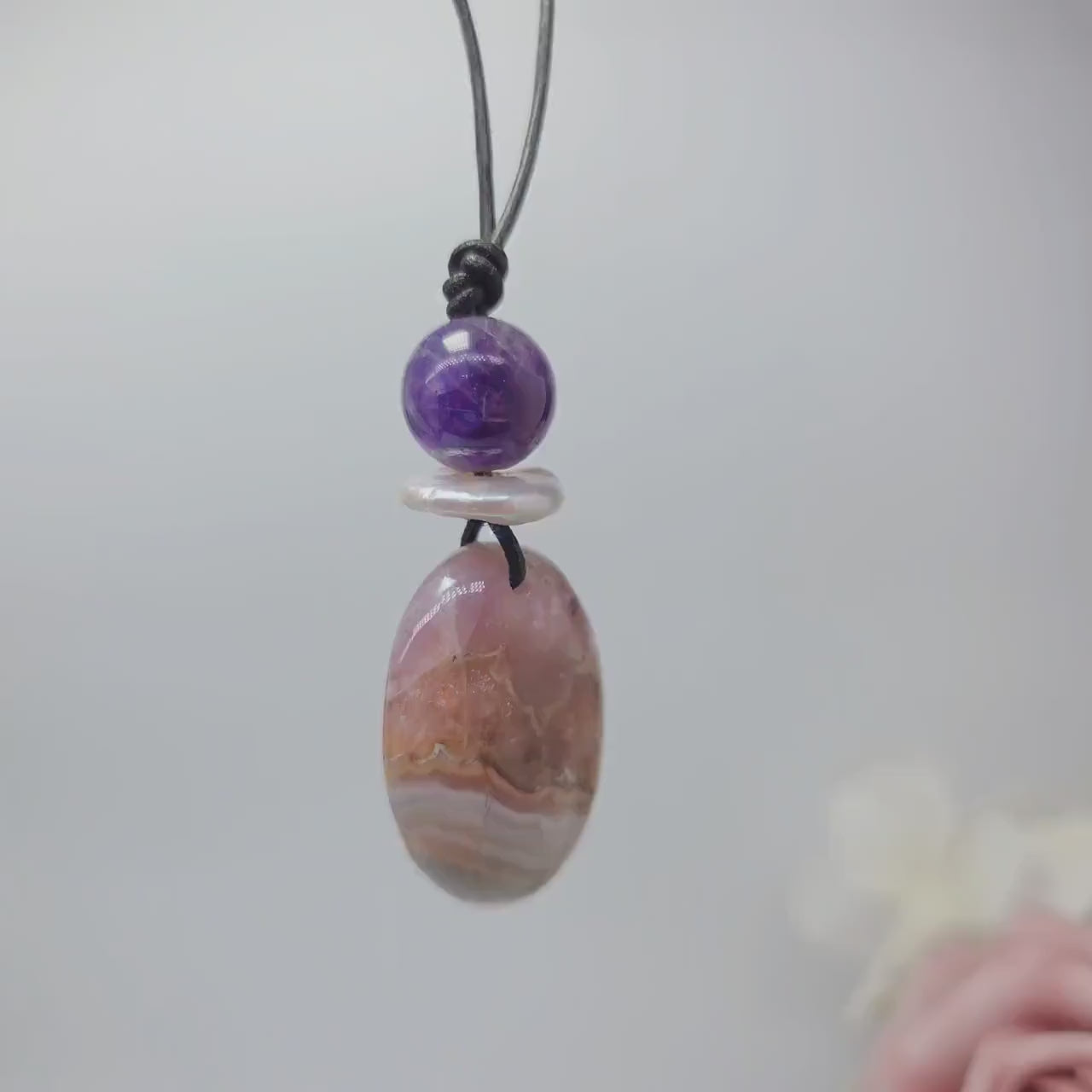 Chevron Amethyst Necklace Crystal Healing Jewelry for Her Unique Chunky Stone Pendant Gift with Adjustable Leather Cord