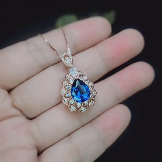 Teardrop Tanzanite Necklace Rose Gold Sterling Silver 3CT Blue Tanzanite Pendant December Birthstone - Layered Lily Flower #751