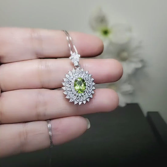 Natural Peridot Necklace - 18KGP Sterling Silver - 1.5 Ct Triple Gemstone Halo - Genuine Green Peridot Pendant #842