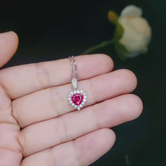 Dainty Heart Red Ruby Necklace Sterling Silver - July Birthstone - Tiny Mini Gorgeous Halo Red Ruby Pendant small heart jewelry #063