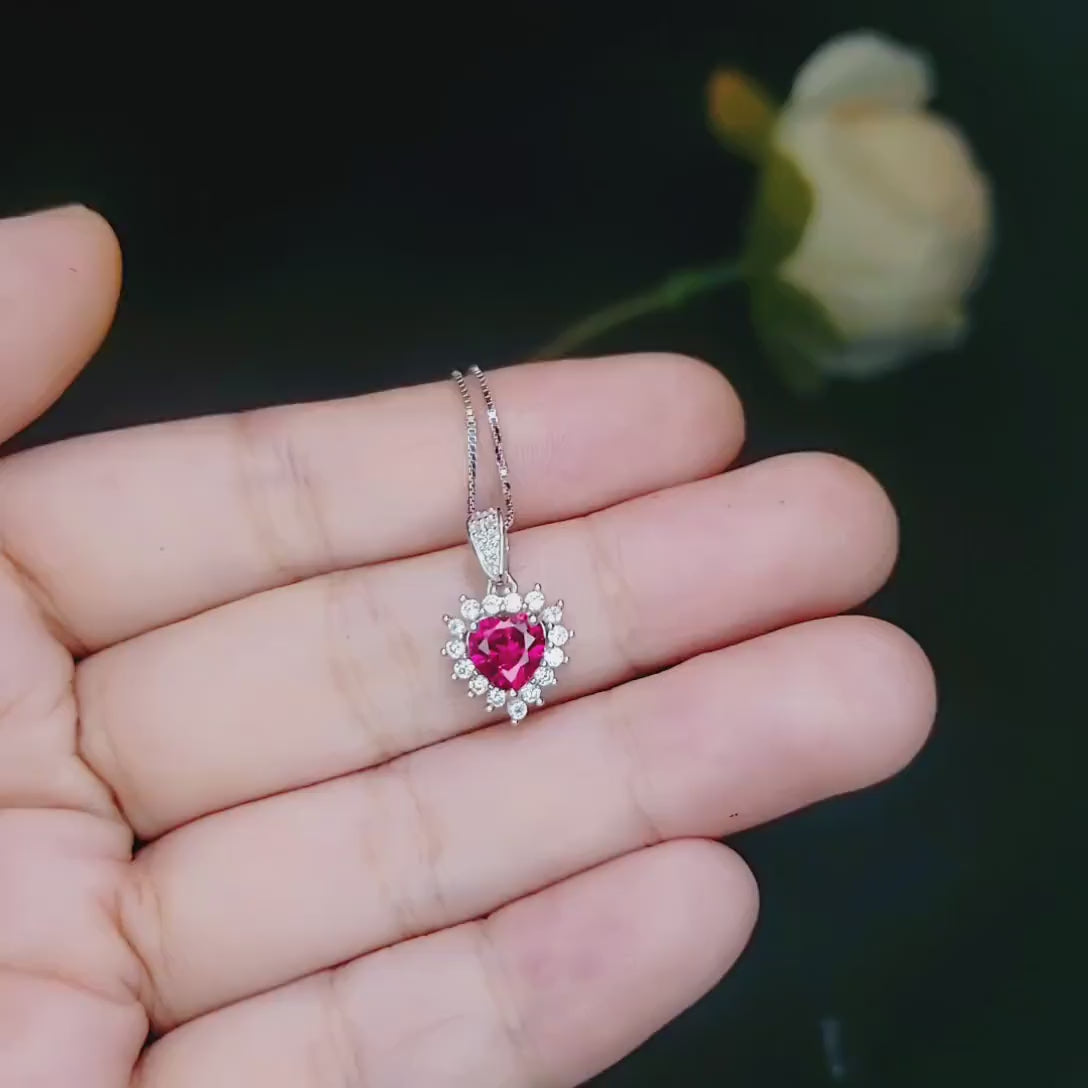 Dainty Heart Red Ruby Necklace Sterling Silver - July Birthstone - Tiny Mini Gorgeous Halo Red Ruby Pendant small heart jewelry #063
